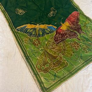 100% Silk Scarf, Made in Turkey, Green with Butterflies